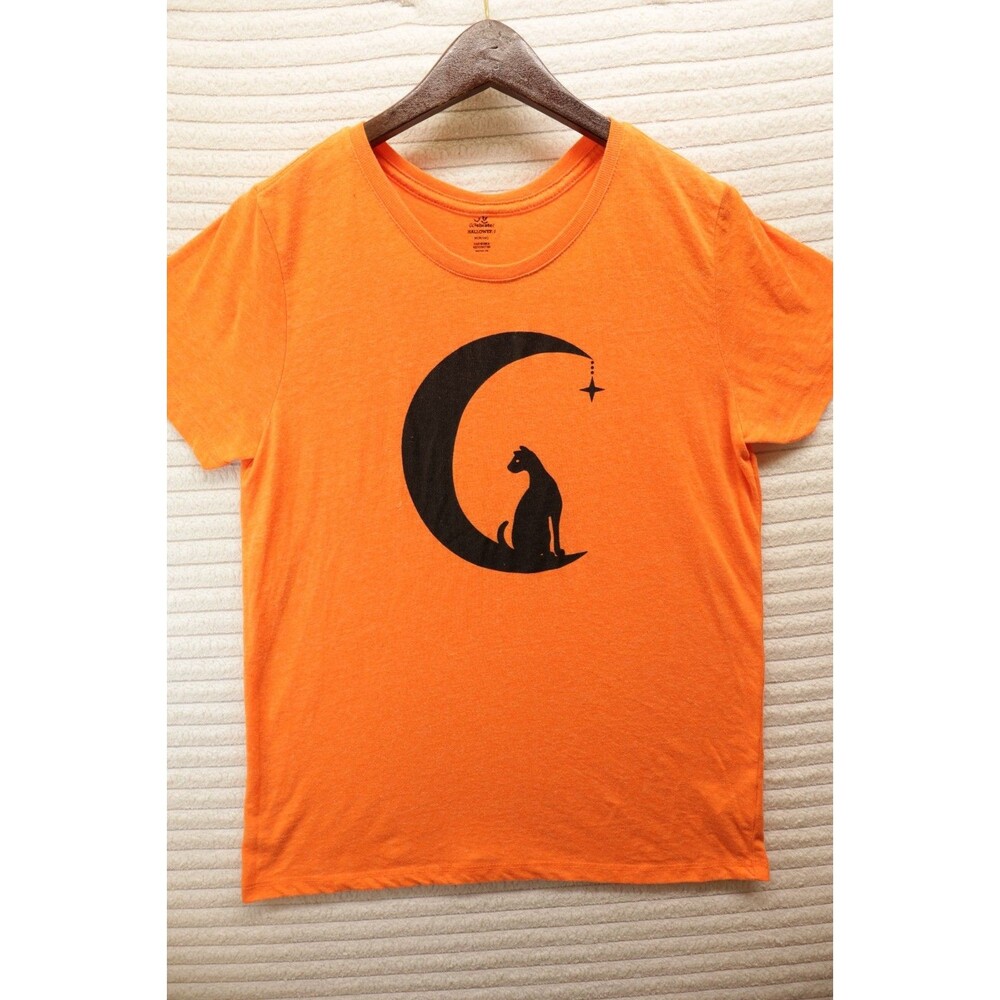 Cat and Cresent Moon Halloween T-Shirt - Size M (8/10) Women's Orange